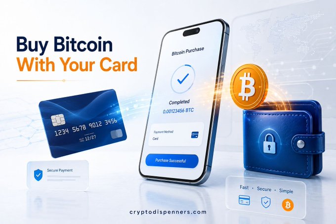 An advertisement reading 'Buy Bitcoin With Your Card' shows a smartphone displaying a completed Bitcoin purchase of 0.00123456 BTC, alongside a credit card, a Bitcoin coin, and a blue wallet, with the watermark 'cryptodispensers.com'.