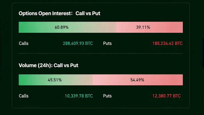 A financial dashboard showing Options Open Interest (Calls 60.89% / Puts 39.11%) and 24h Volume (Calls 45.51% / Puts 54.49%) in BTC.