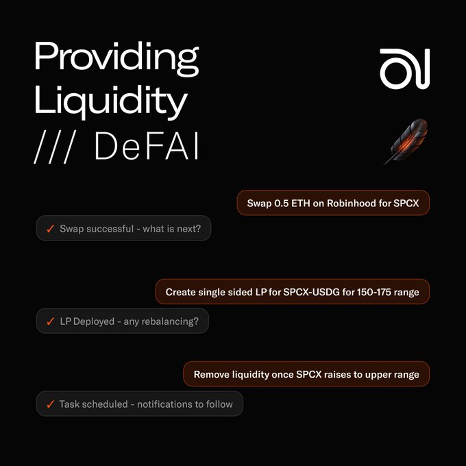 A promotional graphic titled 'Providing Liquidity /// DeFAI' showing a chatbot interface executing commands like 'Swap 0.5 ETH on Robinhood for SPCX' and 'Create single sided LP for SPCX-USDG for 150-175 range', with success confirmations from the AI.