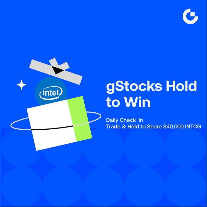 A blue promotional graphic for "gStocks Hold to Win" featuring the Intel logo and a stylized stock chart, inviting users to trade and hold INTCG for a chance to share in $40,000 in rewards through daily check-ins and activity tiers as outlined in the post.