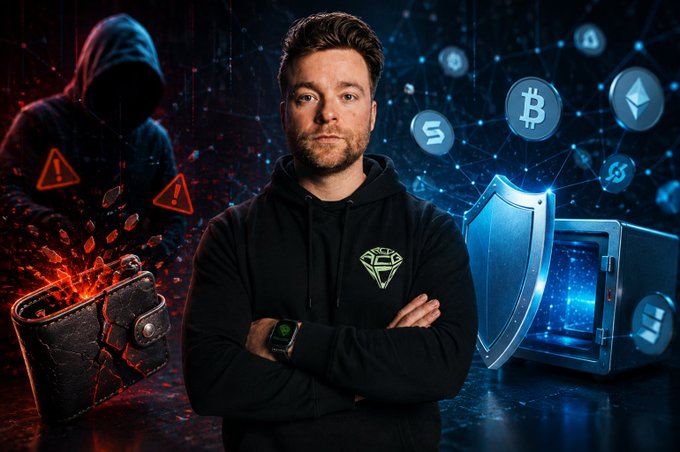 A confident man in a black "Cipher Shield" hoodie stands between contrasting imagery—a hooded hacker with a cracked wallet on the left and a secure digital safe surrounded by Bitcoin, Ethereum, and other crypto icons on the right—visually representing the choice between vulnerability and protection in light of the $1.36 billion lost to crypto hacks in 2026.
