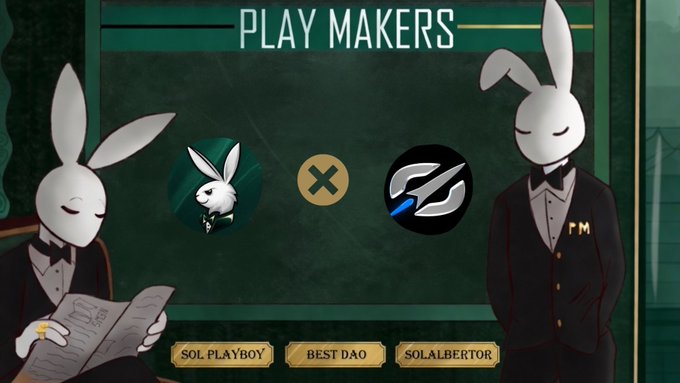 A game screen titled "PLAY MAKERS" featuring two white rabbit characters in tuxedos, with character selection options including "SOL PLAYBOY" and "SOLALBERTOR" displayed at the bottom.