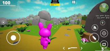 A screenshot of a mobile game featuring a pink/magenta bear character on a dirt path in a grassy landscape with rocks, with score 100 and 04:19 timer displayed.