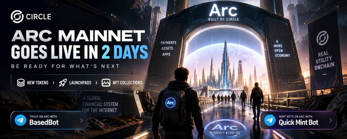 A promotional banner for the 'Arc' cryptocurrency network announcing 'ARC MAINNET GOES LIVE IN 2 DAYS' by Circle, featuring features like 'NEW TOKENS', 'LAUNCHPADS', and 'NFT COLLECTIONS' alongside a futuristic cityscape.