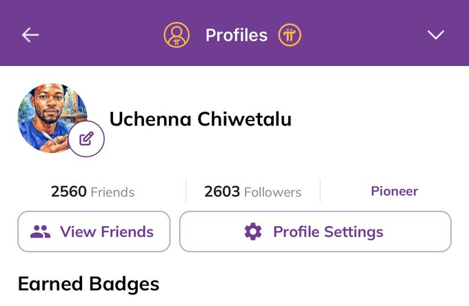 The image shows the Pi Network profile of Uchenna Chiyetalu, a "Pioneer" with 2560 friends and 2603 followers. The post asks users to drop their Pi Username to show who is active.