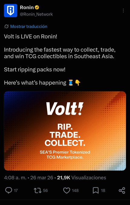 A Twitter/X post from Ronin (@Ronin_Network) announcing 'Volt is LIVE on Ronin!' introducing a TCG collectibles marketplace for Southeast Asia, with an orange graphic reading 'Volt! RIP. TRADE. COLLECT. SEA'S Premier Tokenized TCG Marketplace.'