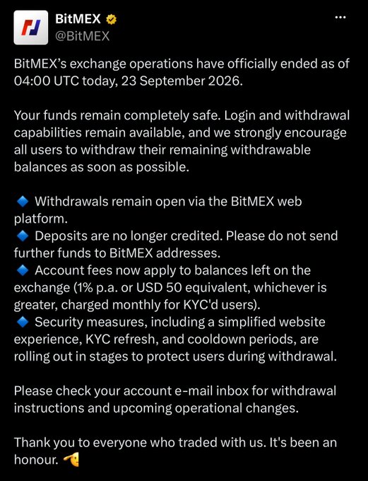 A tweet from BitMEX announces the official end of exchange operations as of 04:00 UTC on 23 September 2026, urging users to withdraw funds and noting 1% p.a. fees on remaining balances.