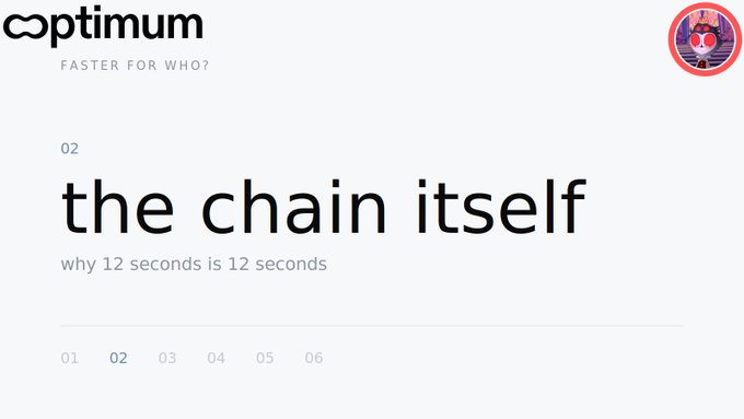 A presentation slide from 'optimum' displays the text 'the chain itself' and 'why 12 seconds is 12 seconds' as part 02 of a series.