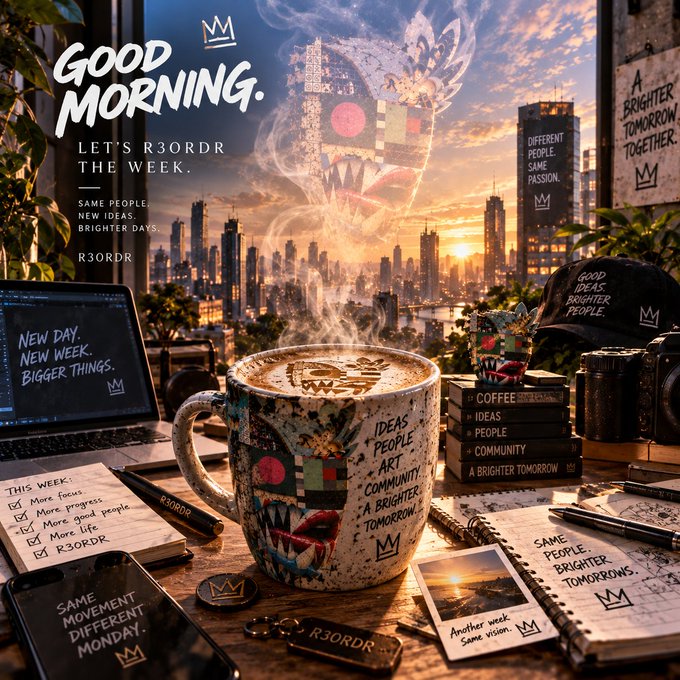 A motivational 'Good Morning. Let's R3ordr the Week' graphic featuring a steaming coffee mug with skull artwork, surrounded by a laptop, notebook, camera, and cityscape at sunrise with text including 'Same People, New Ideas, Brighter Days.'