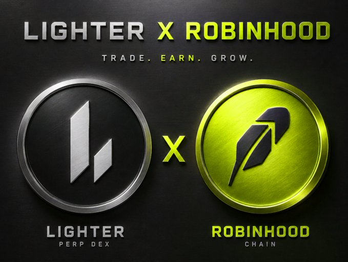 A promotional graphic displays logos and text for "LIGHTER PERP DEX" and "ROBINHOOD CHAIN" under the heading "LIGHTER X ROBINHOOD - TRADE. EARN. GROW."