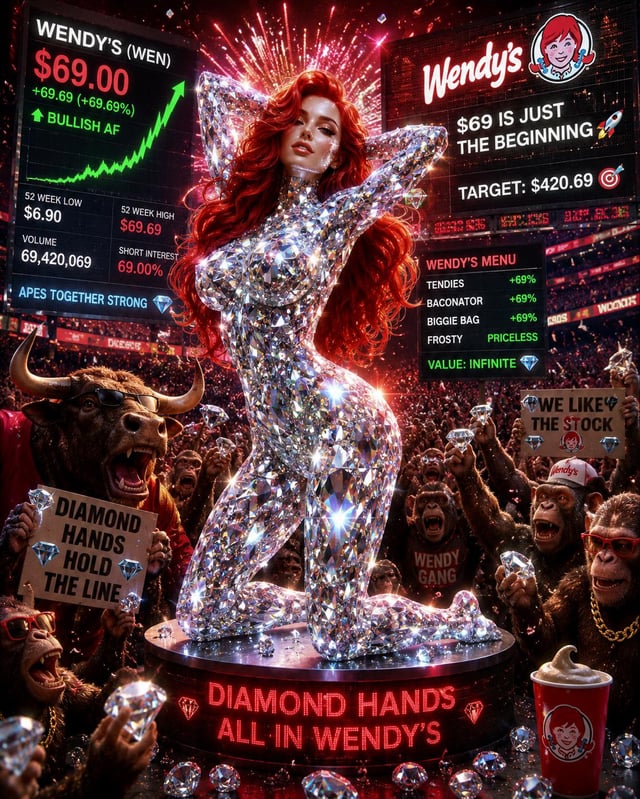 An AI-generated stock graphic showing a glittering figure with 'Wendy's (WEN)' at $69.00, 'BULLISH AF,' and 'DIAMOND HANDS HOLD THE LINE,' surrounded by cheering monkeys and a bull.