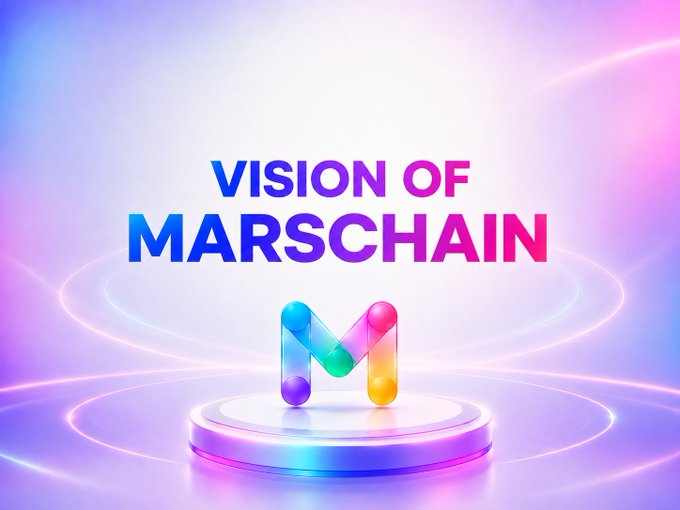A promotional graphic displays 'VISION OF MARSCHAIN' in bold text above a colorful, 3D-rendered 'M' logo resting on a glowing circular platform with purple and pink lighting effects.