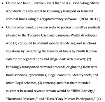 A document excerpt discussing legal arguments involving Lewellen, cryptocurrency software, and comparisons to Tornado Cash and Samurai Wallet developers, referencing money laundering, sanctions violations, North Korean cryptocurrency organizations, and illicit activity markets.