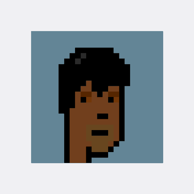 A minimalist pixel art portrait depicting a person with dark hair and brown skin against a light blue background.
