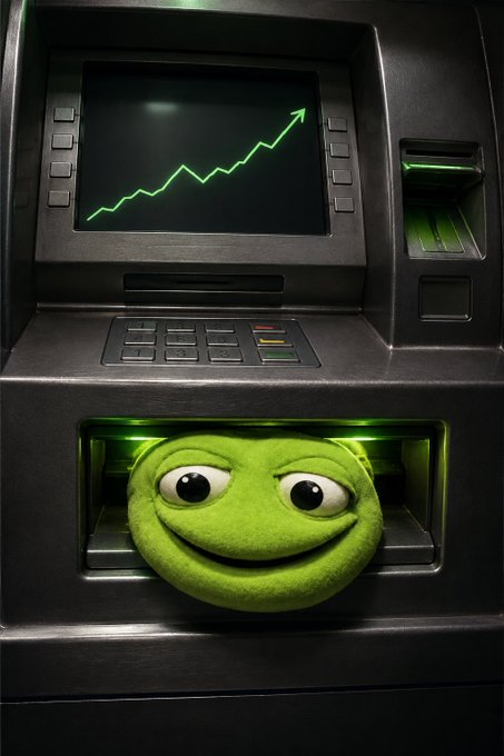 A 3D render depicts a green Pepe the Frog face emerging from the cash dispenser slot of an ATM, with the screen displaying a green upward-trending line chart.