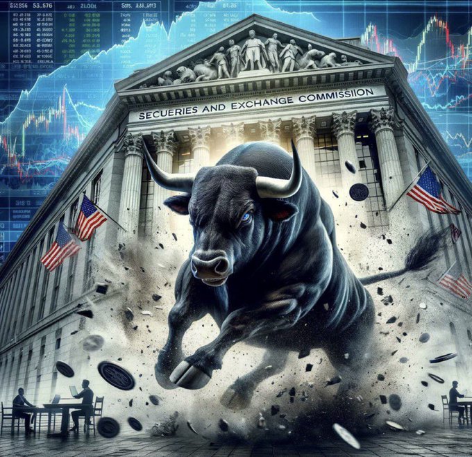 A dramatic digital illustration depicting a charging black bull in front of the Securities and Exchange Commission building, with stock market charts in the background and American flags, suggesting a bullish attack on financial regulation.