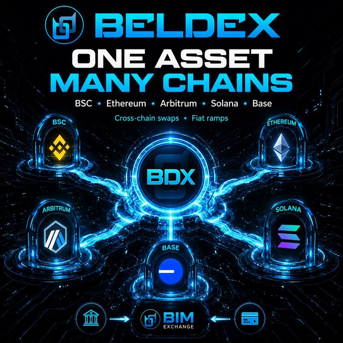 A promotional graphic for 'BELDEX' crypto featuring the tagline 'ONE ASSET MANY CHAINS' with logos for BSC, Ethereum, Arbitrum, Solana, and Base, along with text for 'Cross-chain swaps' and 'Fiat ramps'.