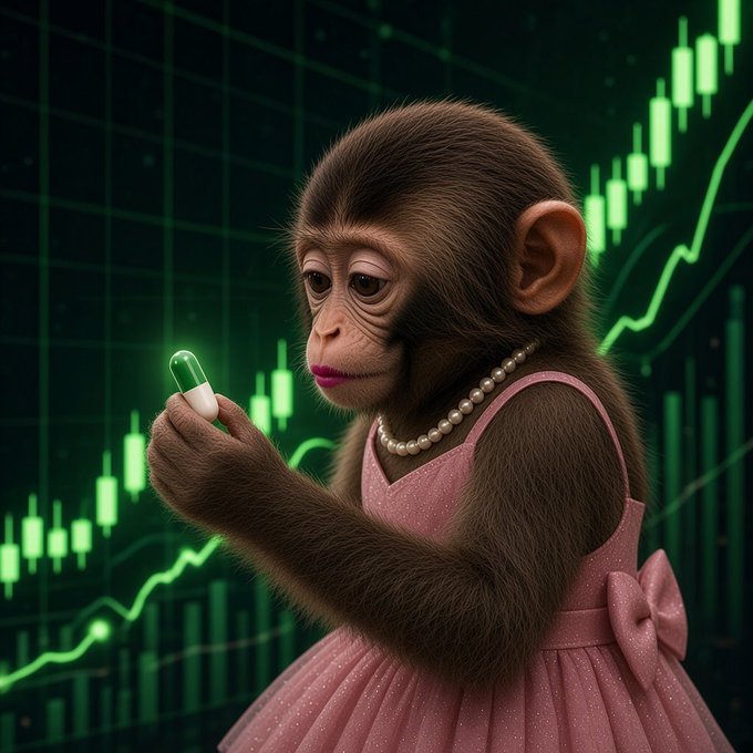 A young monkey wearing a sparkly pink dress with a pearl necklace and a bow at the back holds a glowing green pill in its hand, gazing at it thoughtfully against a backdrop of green stock market charts and rising candlestick graphs, symbolizing the "apewif" meme theme of transformative investment gains.