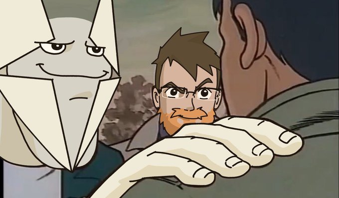 An anime-style illustration showing a man with an orange beard and glasses reaching his hand forward, with a character wearing a white geometric mask behind him.