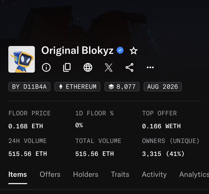 A screenshot of the OpenSea NFT collection page for "Original Blokyz" showing key stats: 8,077 items on Ethereum, floor price of 0.168 ETH, top offer of 0.166 WETH, and 3,315 unique owners (41%). The image aligns with the post highlighting the project's successful launch and strong market activity, with $64,000,000 in commitments signaling healthy NFT demand.