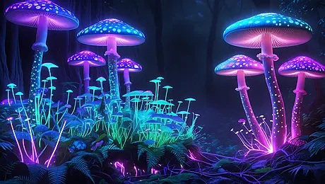 A digital artwork of glowing purple and blue bioluminescent mushrooms in a dark forest setting.