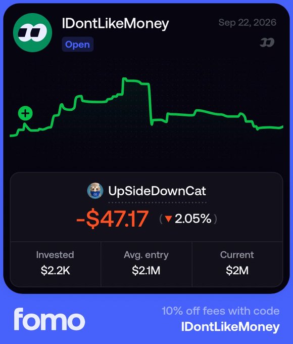 A Fomo app screenshot showing a green stock chart for 'IDontLikeMoney' with a -$47.17 loss and a promotional code displayed.