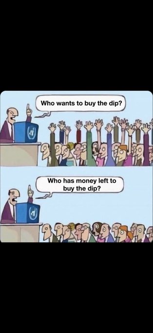 A two-panel cartoon depicts a speaker at a podium first asking 'Who wants to buy the dip?' with an enthusiastic crowd raising hands, then asking 'Who has money left to buy the dip?' with the same crowd standing silently.