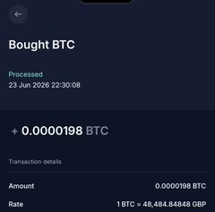 A mobile screenshot showing a 'Bought BTC' transaction confirmation for 0.0000198 BTC processed on 23 Jun 2026 at 22:30:08, with a rate of 1 BTC = 48,484.84848 GBP.
