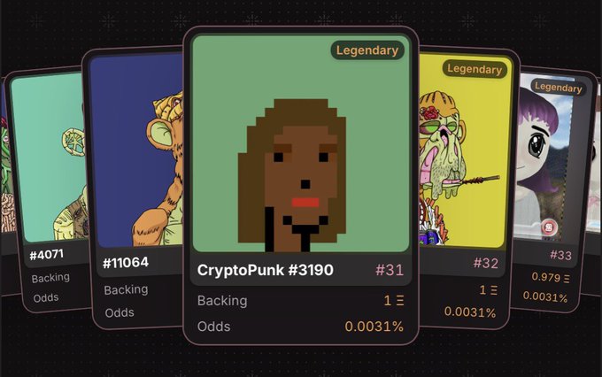 A promotional graphic for CryptoPunks NFTs displaying several pixel-art character cards including CryptoPunk #3190 (legendary), #11064, #32, and #33, showing backing odds percentages.