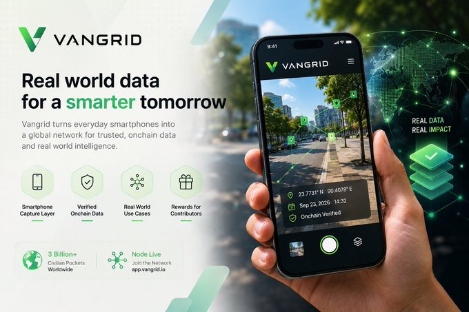 A promotional graphic for 'VANGRID' with the tagline 'Real world data for a smarter tomorrow,' showing a smartphone displaying the app with GPS coordinates 23.7731° N, 90.4078° E, alongside feature icons and stats like '3 Billion+ Devices Worldwide.'