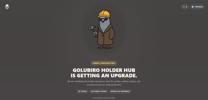 A 'Under Construction' page for the 'GOLUBIRO HOLDER HUB' featuring a cartoon pigeon wearing a yellow hard hat and holding a hammer, with an XP saved indicator at 0.6k.
