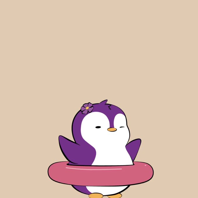 A cartoon illustration of a cute purple and white penguin with a small flower on its head, floating in a pink inner tube against a beige background.