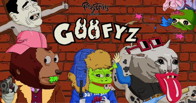 A colorful cartoon-style promotional image for 'GööFYZ' by 'PiratFriiks' featuring various characters including a bear in a pink cap, a green-faced figure, and a cat with a long tongue against a brick wall background.