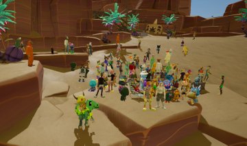 A group of cartoon-style characters is gathered in a rocky, desert-like area with palm trees in the background, standing on platforms and along pathways.