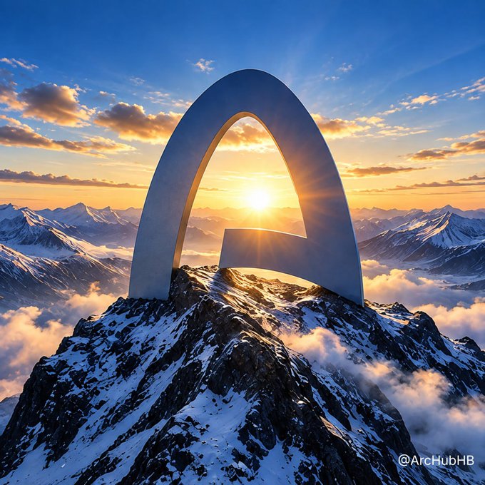 A futuristic A-shaped monument sits atop a snowy mountain peak, silhouetted against a brilliant golden sunset with clouds and distant mountain ranges.
