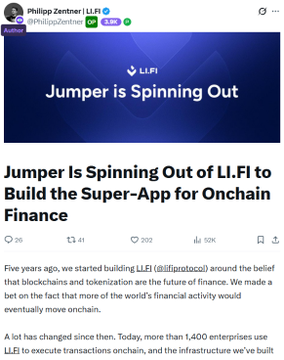 A Twitter/X post by Philipp Zentner (@PhilippZentner) announcing 'Jumper is Spinning Out of LI.FI to Build the Super-App for Onchain Finance.'