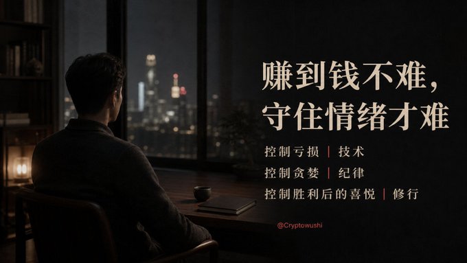 A man sits at a desk looking out a window at a nighttime cityscape, with Chinese text overlaid that reads "赚到钱不难，守住情绪才难" (Making money is not hard, guarding your emotions is hard) along with bullet points about controlling losses, controlling greed, and controlling joy after winning.