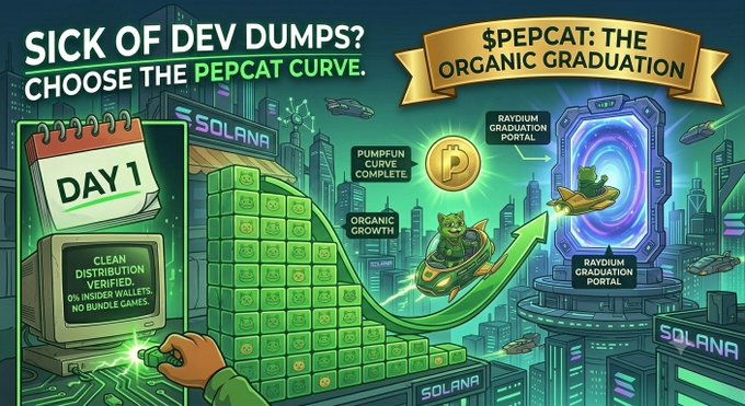 A promotional graphic for the cryptocurrency $PEPCAT with text 'SICK OF DEV DUMPS? CHOOSE THE PEPCAT CURVE' and '$PEPCAT: THE ORGANIC GRADUATION', featuring Solana branding and a cartoon cat in a rocket.