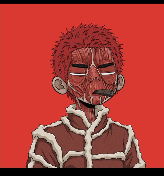 An anime-style illustration of a character with exposed red muscle tissue, spiky red hair, and a cigar in their mouth against a solid red background.