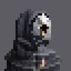 A low-resolution pixel-art image of a dark armored, helmeted character resembling Batman against a plain gray background.