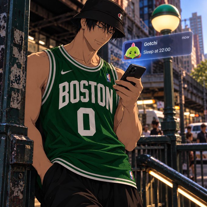 An anime-style illustration of a smiling man wearing a green Boston Celtics jersey (number 0) and a black Champion bucket hat, looking at his phone which displays a notification from 'Gotchi' reminding him to 'Sleep at 22:00'.