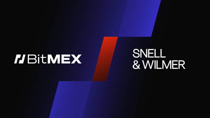 The image features the logos of BitMEX and Snell & Wilmer side-by-side on a dark background with blue and red geometric accents, highlighting their partnership. This visual aligns with the post's message recognizing Snell & Wilmer's legal counsel in protecting the company's innovations.