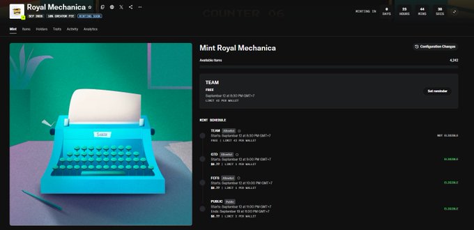 The image shows a Counterparty NFT marketplace listing for "Mint Royal Mechanica," displaying a teal typewriter as the NFT artwork with a price of 6,242, alongside details like Mint Schedule (GTD: 12 September, 14:00 UTC and FCFS: 15:00 UTC), a total supply of 6,666, and a mint price of 0.0035 ETH, directly corresponding to the tweeted wallet check announcement.