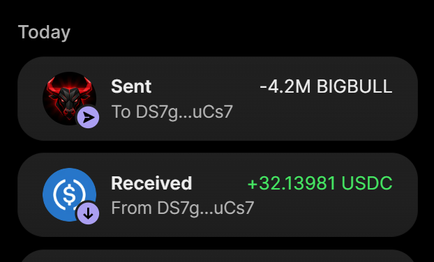 A transaction history showing 4.2M $BIGBULL tokens sent and +32.13981 USDC received, confirming the 0.42 SOL purchase detailed in the accompanying presale promotion post for bigbullchain.fun.