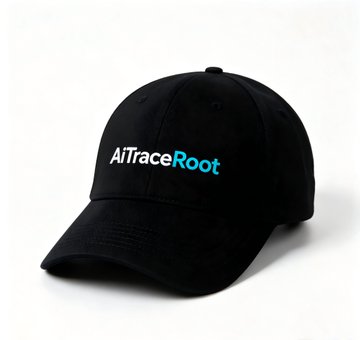 A black baseball cap featuring the embroidered "AiTraceRoot" logo in white and blue text sits against a white background, representing the brand's new line of approved custom merchandise for upcoming Web3 offline events.