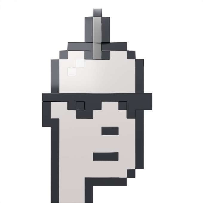 A 3D rendered, pixelated character figure with a gray and white color scheme, featuring a tall hat and horizontal dark bands across its torso, set against a white background.