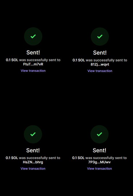 Four successful Solana (SOL) transactions are displayed on a dark background, each marked with a green checkmark and showing "Sent! 0.1 SOL was successfully sent" to four different wallet addresses with truncated ends (FtuT...m7vR, 812j...wqvf, HsZN...bhrg, and 7P3g...MUwv). This appears to confirm a 0.4 SOL total airdrop distribution to the four tagged recipients (@Ryxxdot, @movin_man, @luckygambles_, @Theyfwstephen).