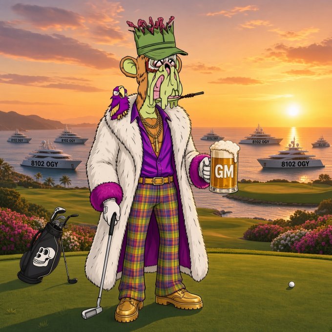 A digital artwork of a green-skinned character in a white fur coat, purple shirt, and plaid pants holding a beer mug labeled 'GM' on a golf course with yachts labeled '8102 OGY' in the background.