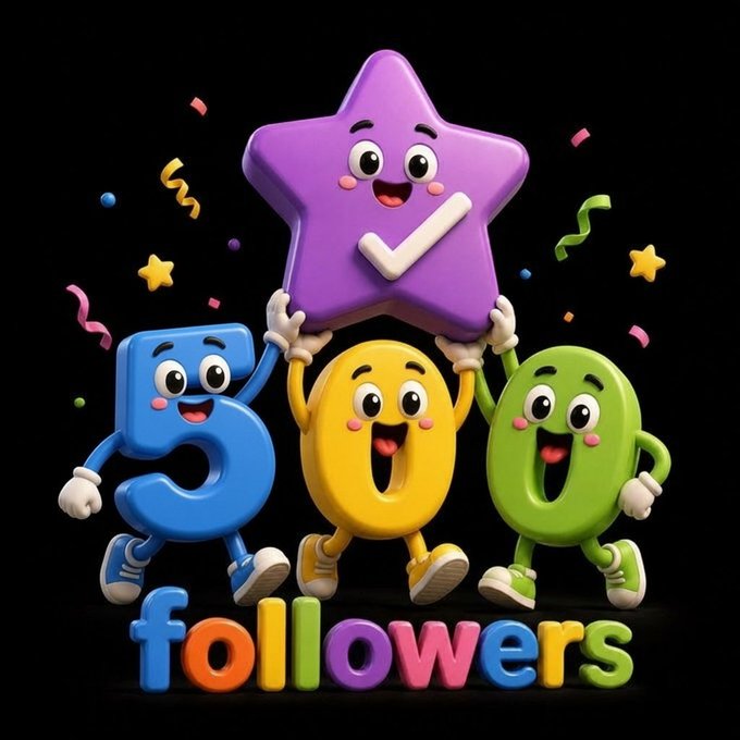 A colorful 3D illustration of a purple star holding a checkmark above the numbers '500', with the word 'followers' displayed at the bottom in multicolored letters.