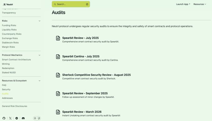 The image shows the Audits section of Neutrl's documentation page, listing multiple security audits conducted by firms including Spearbit (July 2025, September 2025, March 2026), Spearbit Cantina (July 2025), and Sherlock (August 2025). It supports the post's criticism by visually displaying Neutrl's reliance on top-tier auditors like Spearbit and Sherlock to argue that even reputable audit firms cannot mitigate off-chain counterparty risks inherent to neutral strategies in DeFi protocols.
